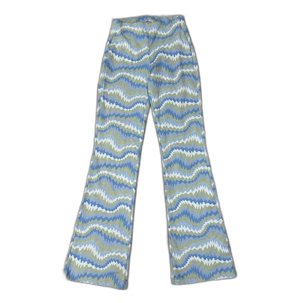 Urban Outfitters Retro Zigzag Knit Flare Pants Wavy Geometric Blue Green XS